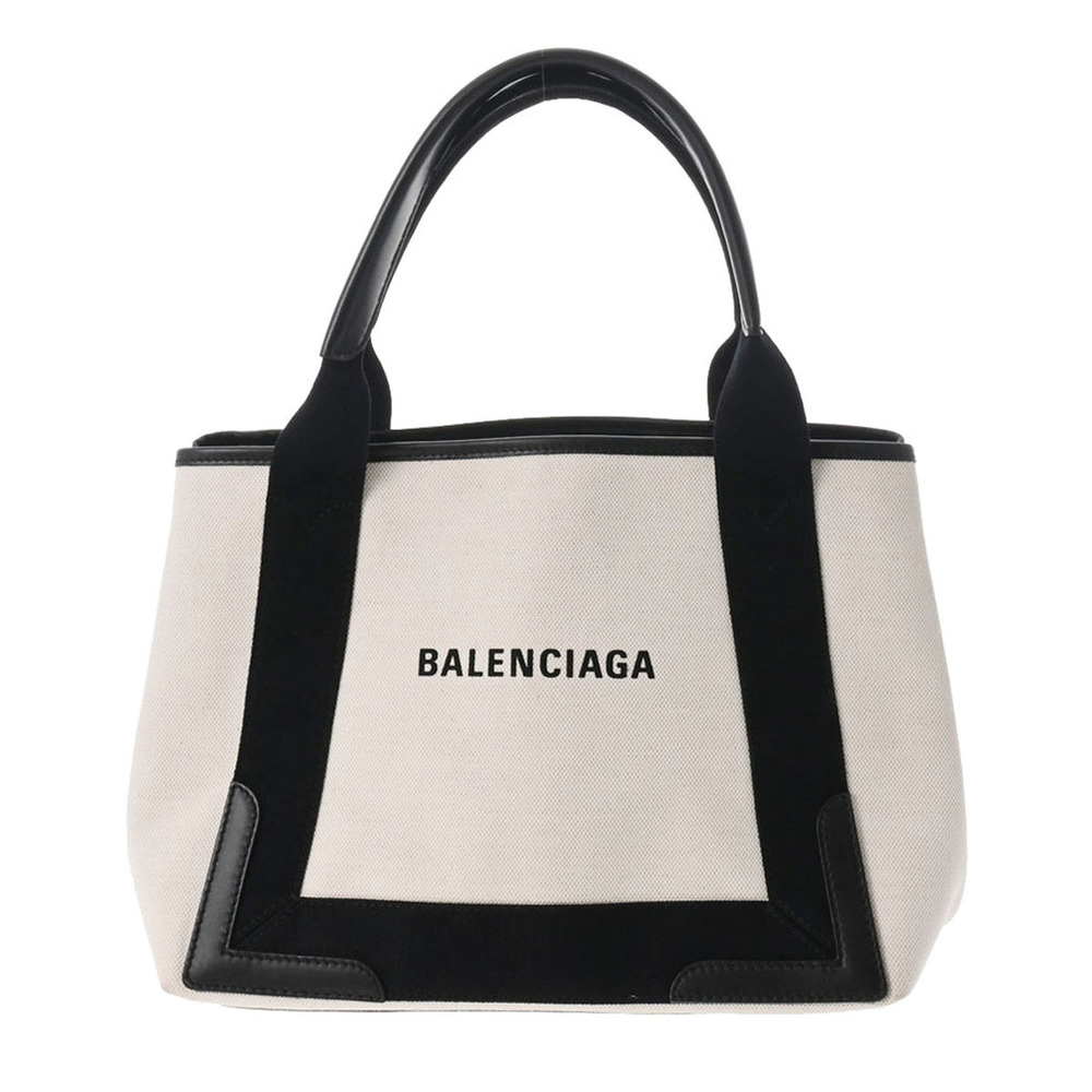 BALENCIAGA The Navy Blue Cabas Natural Black Canvas Leather Handbag - Picture 1 of 11